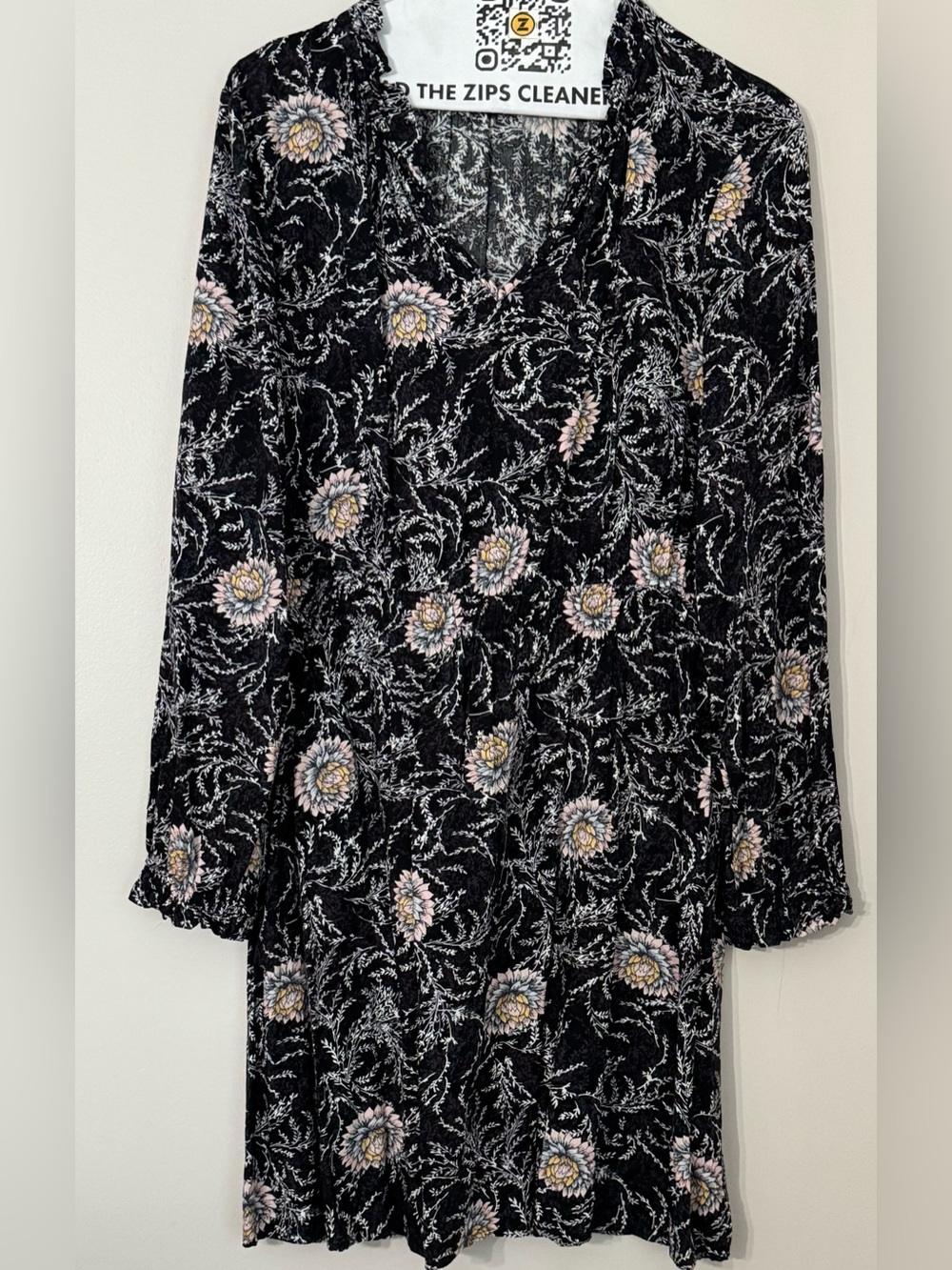 LOFT Black Floral V-Neck Long Sleeve Dress